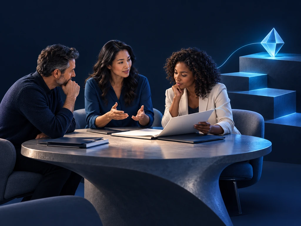 Concept illustration of people reviewing assessment materials and learning together. A cyan geometric form represents an AI agent acting on a person's behalf.